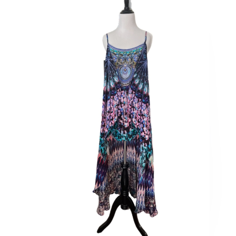 Camilla Maxi Dress Mini w/ Long Over Layer Tie Front Hi-Lo Sparkled Mixed Print - Picture 3 of 13